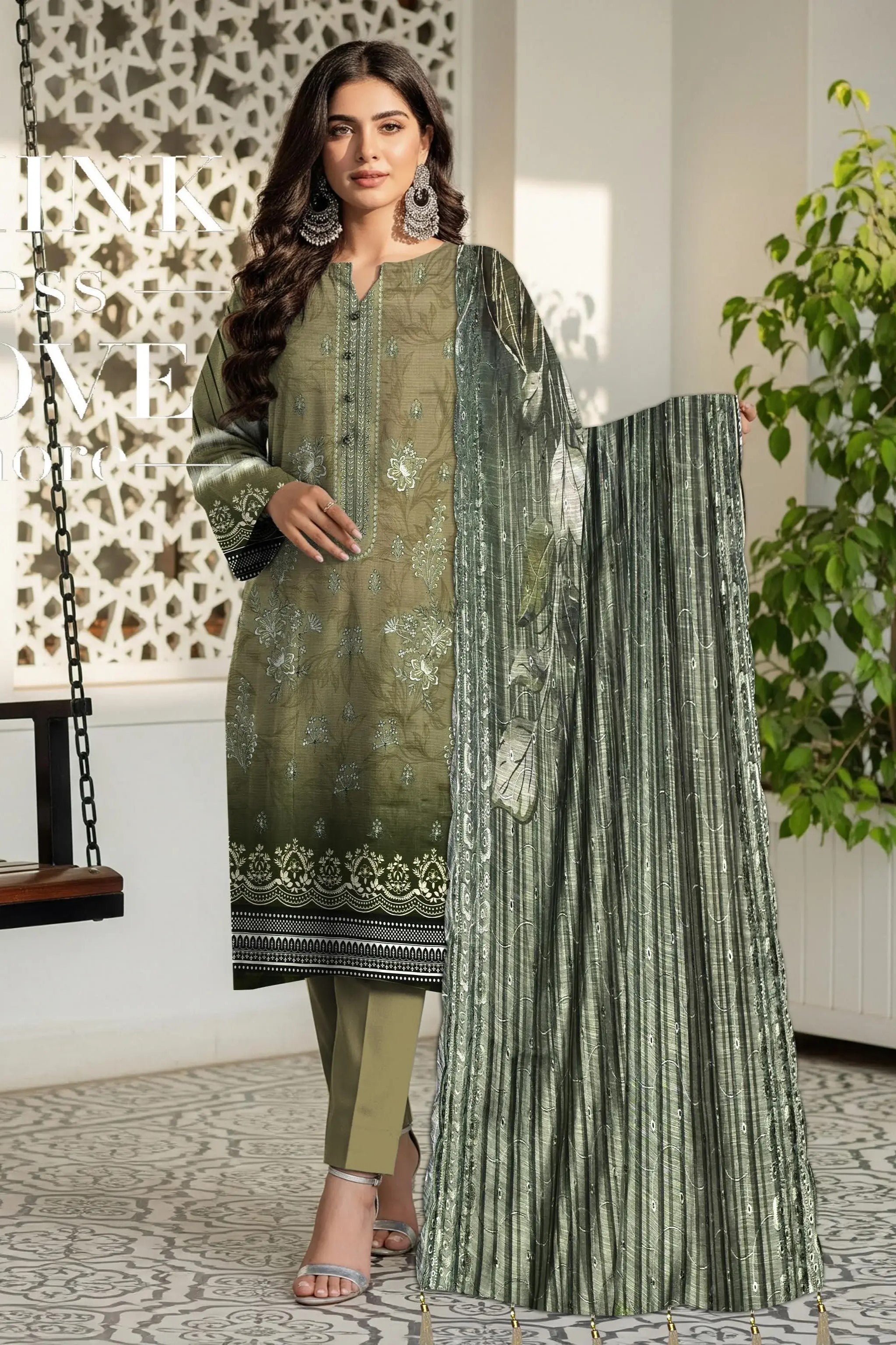 Green 3Pc Unstitch Suit - 01