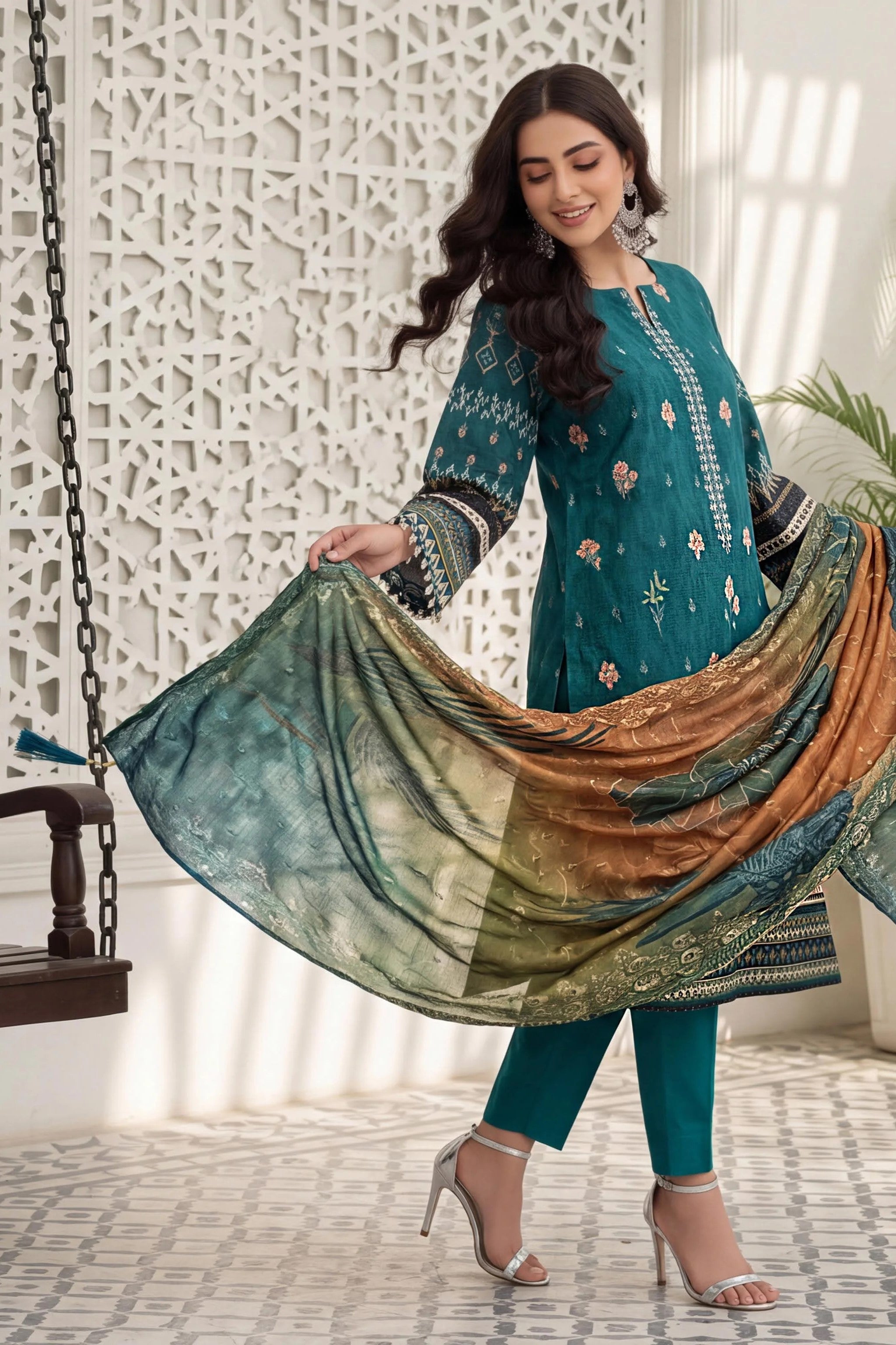 Teal Blue 3Pc Unstitch Suit - 03