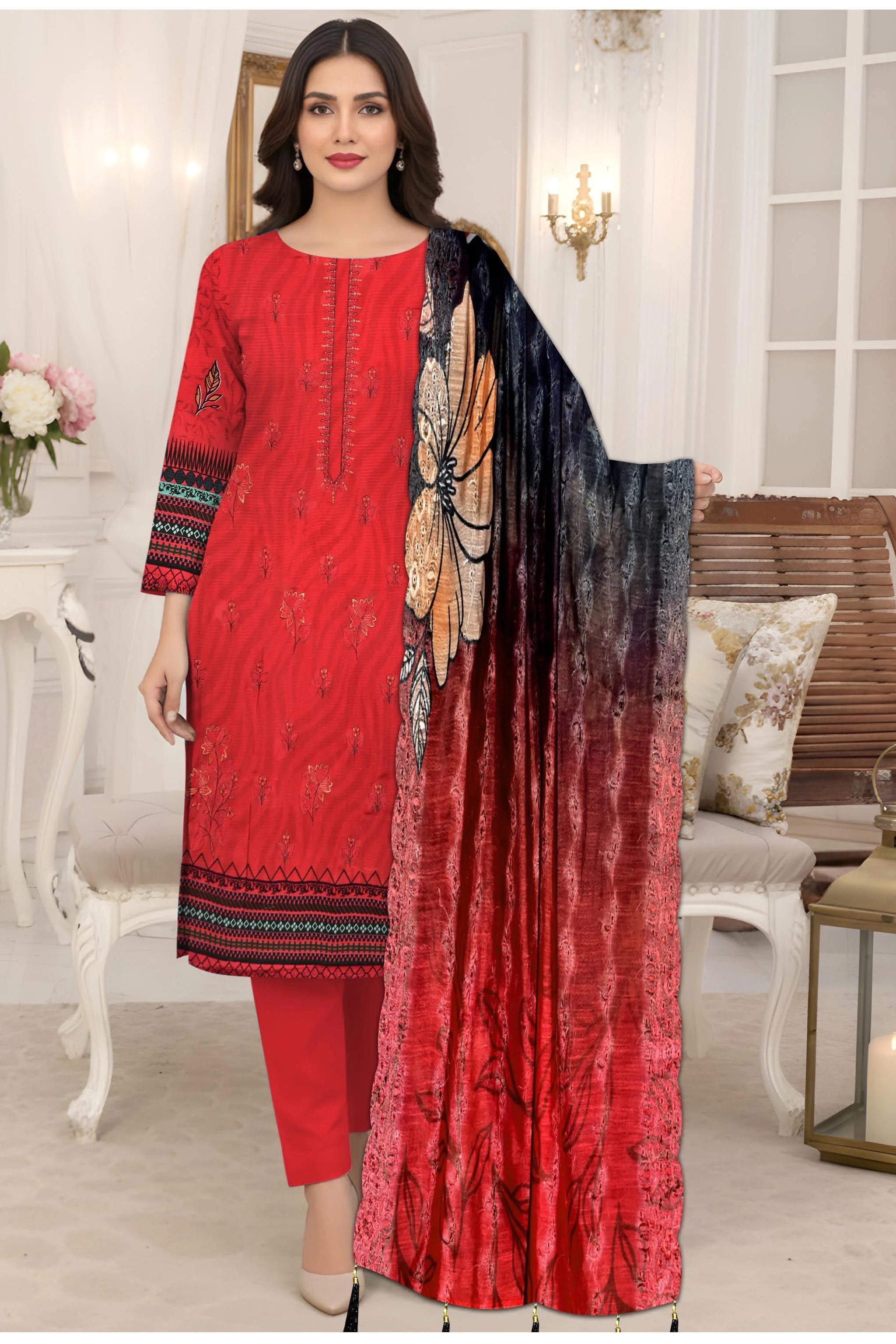 Bright Red 3Pc Unstitch Suit - 04