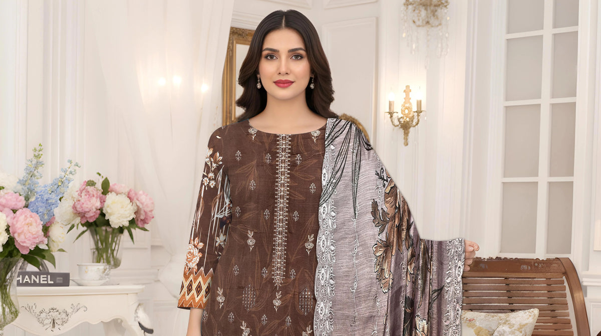 Chocolate Brown 3Pc Unstitch Suit - 05