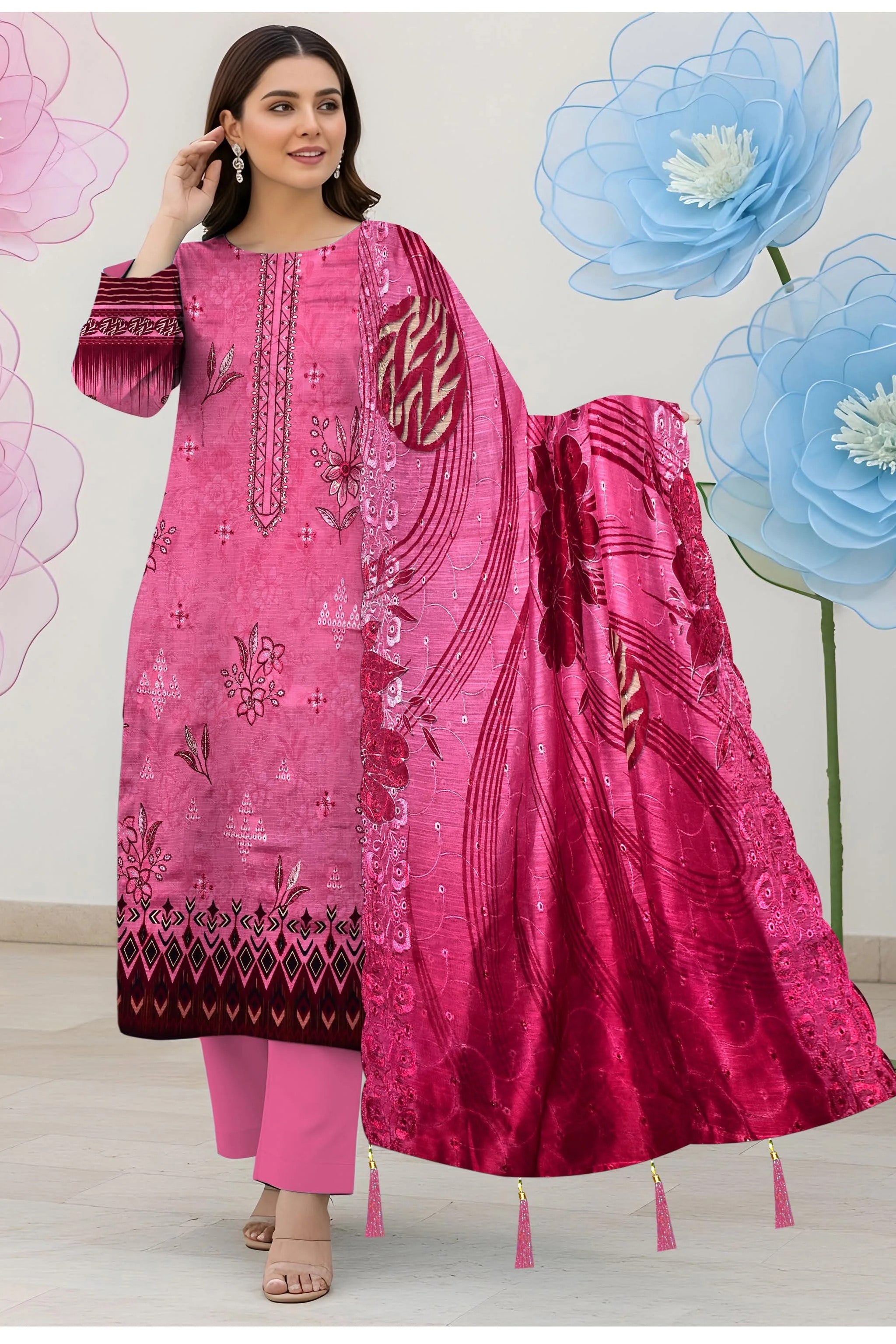 Hot Pink 3Pc Unstitch Suit - 08