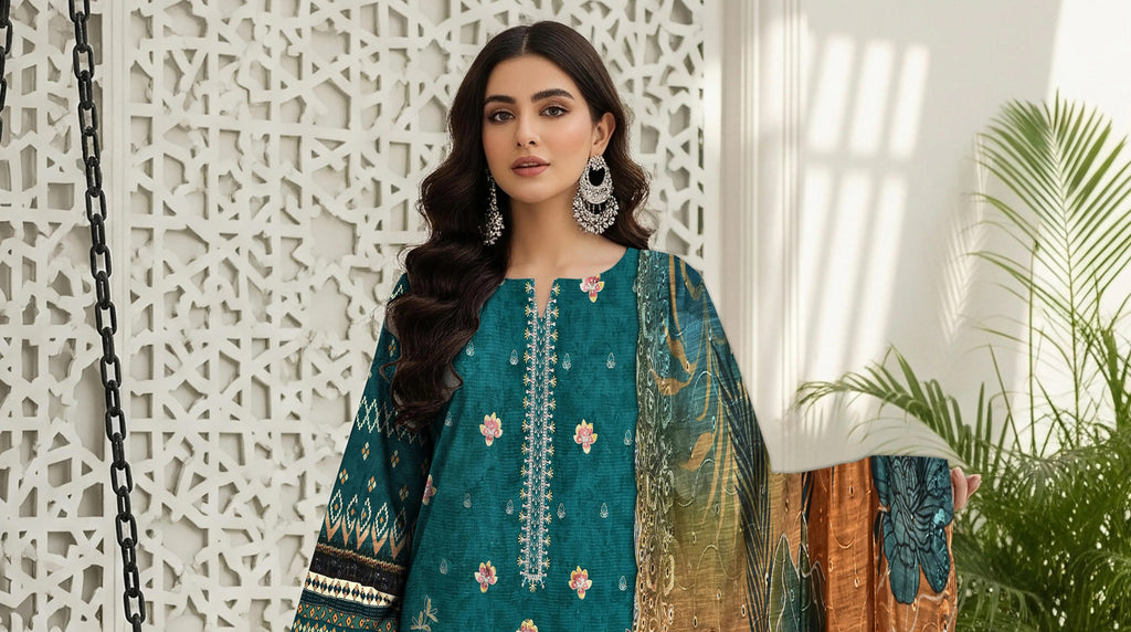 Teal Blue 3Pc Unstitch Suit - 03