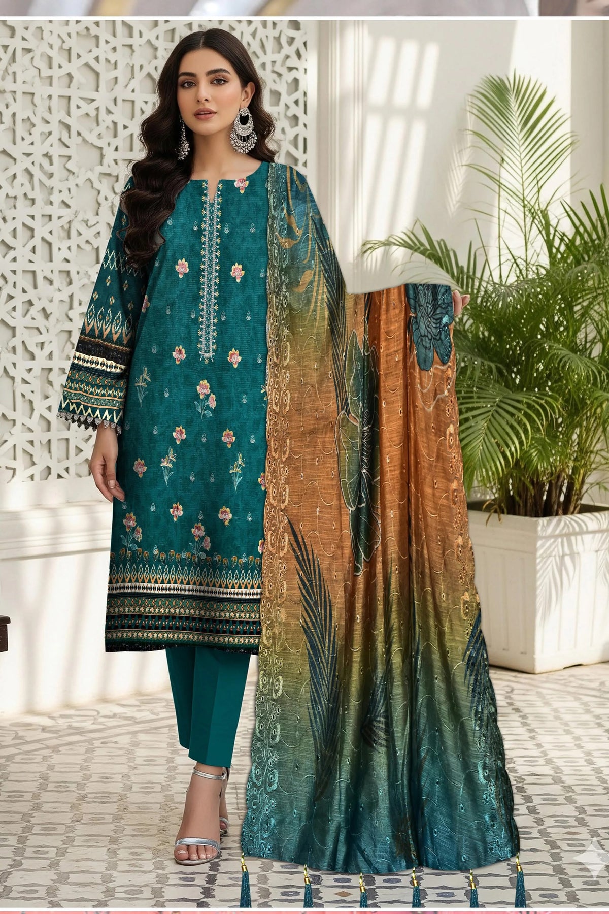 Teal Blue 3Pc Unstitch Suit - 03